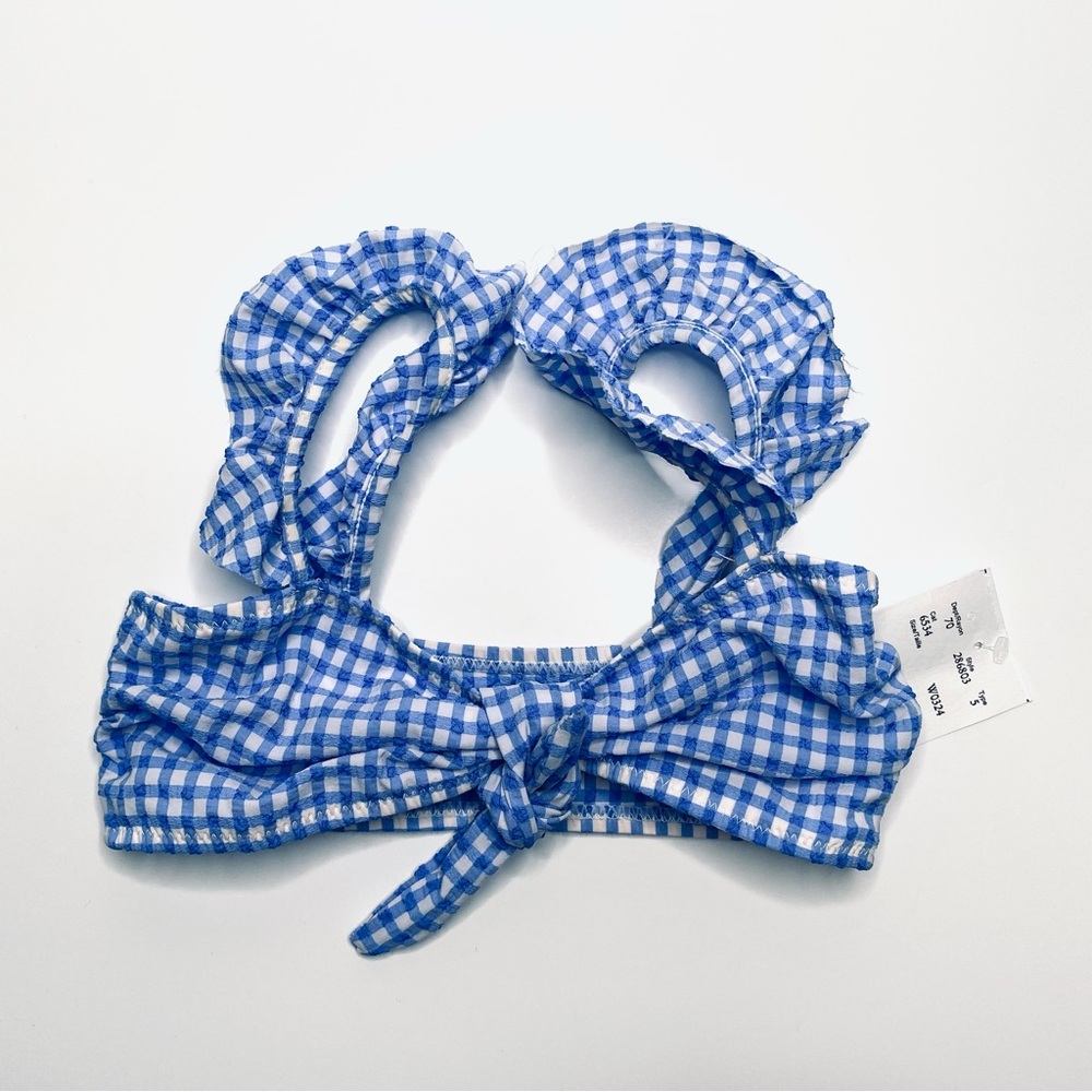 Blue White Gingham Checkered Ruffled Tie Front Crop Top NWT